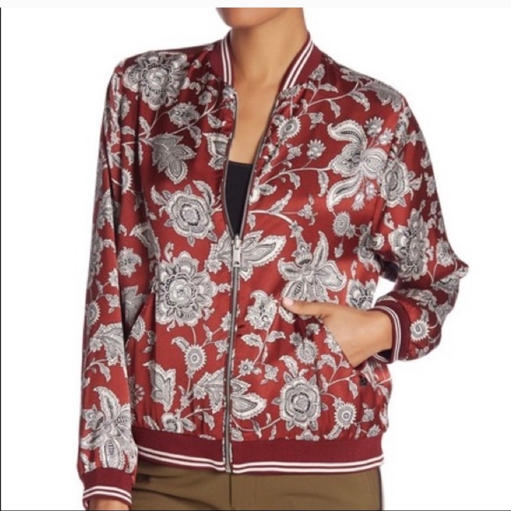 Scotch & Soda Rust Red Floral Satin Bomber Jacket with White Floral Print